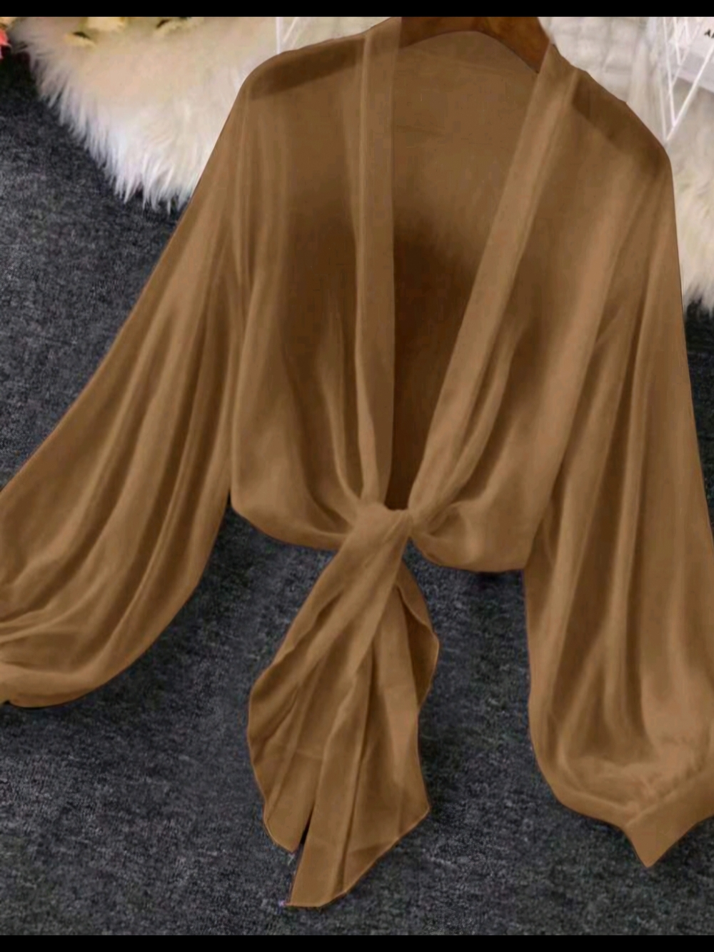 Tie-Front Balloon Sleeve Top - Brown